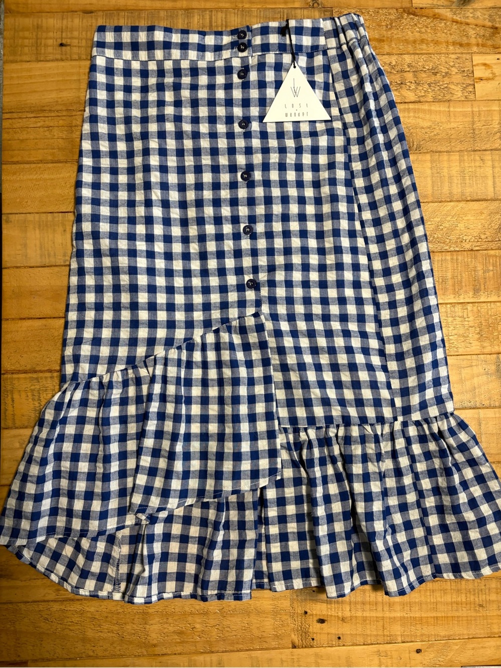Wander Blue & White Gingham High-Low Midi Skirt